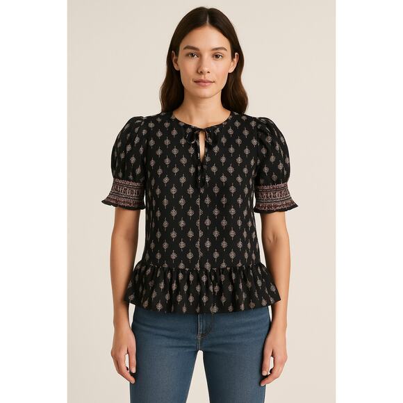 MISA Los Angeles Blouse Womens Medium Boho Print Ruffle Hem Peasant Top - Picture 1 of 9